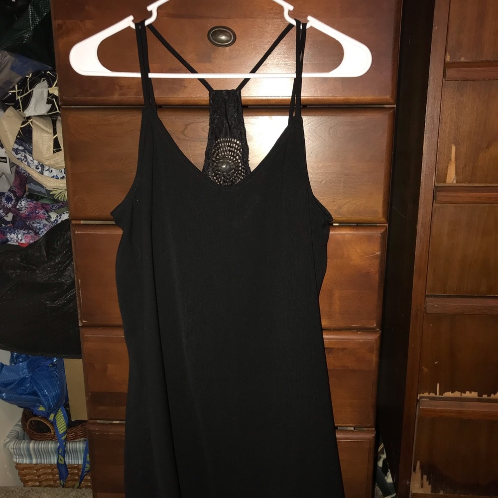 Black spaghetti strap junior dress with lace back